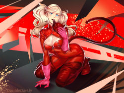 Rule 34 | 10s, 1girl, blonde hair, blue eyes, boots, breasts, cat mask, cleavage, david staiger, fake tail, gloves, hair ornament, hairclip, looking at viewer, mask, persona, persona 5, red thighhighs, solo, spandex, tail, takamaki anne, thigh boots, thighhighs, twintails