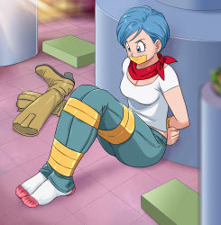 Rule 34 | 1girl, absurdres, angry, arms behind back, bandana, bandana over mouth, bdsm, blue eyes, blue hair, bondage, boots, bound, bound ankles, bound legs, bound wrists, breasts, bulma, cleavage, denim, dragon ball, dragon ball super, earrings, female focus, gag, gagged, highres, improvised gag, jeans, jewelry, lost one zero, matching hair/eyes, mature female, medium breasts, pants, shirt, shoes, unworn shoes, short hair, socks, tape, tape bondage, tape gag, white shirt