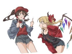 Rule 34 | 2girls, absurdres, akanbe, alternate costume, anger vein, baseball cap, black hair, blonde hair, commentary request, cowboy shot, cropped legs, crystal, crystal wings, denim, denim shorts, double middle finger, eye contact, eyelid pull, flandre scarlet, grey jacket, grey shorts, hair tubes, hakurei reimu, hat, highres, jacket, looking at another, masho makamaka, middle finger, multiple girls, open clothes, open jacket, ponytail, print shirt, profile, red hat, red jacket, red shirt, shirt, short shorts, shorts, simple background, single bare shoulder, tongue, tongue out, touhou, white background, wide-eyed, wings, yin yang, yin yang print