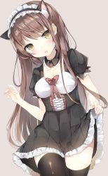 Rule 34 | 1girl, animal ears, bad id, bad pixiv id, black thighhighs, blush, bow, breasts, brown background, brown hair, cat ears, clothes lift, corset, cowboy shot, detached collar, dress, fake animal ears, head tilt, highres, long hair, looking at viewer, maid, maid headdress, medium breasts, niito, original, short sleeves, simple background, skirt, skirt lift, solo, standing, thighhighs, upper body, very long hair, yellow eyes, zettai ryouiki