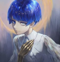 Rule 34 | 1other, androgynous, blouse, blue eyes, blue hair, blunt bangs, collared shirt, colored eyelashes, crystal hair, golden arms, green eyes, hand on own chest, heterochromia, highres, houseki no kuni, light smile, long sleeves, looking at viewer, phosphophyllite, see-through, see-through sleeves, shirt, short hair, solo, spoilers, upper body, white shirt, wide sleeves, zieru