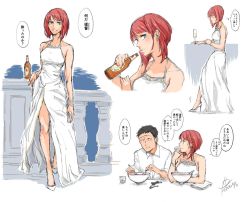 Rule 34 | 1girl, admiral (kancolle), ark royal (kancolle), backless dress, backless outfit, bare shoulders, beer bottle, blue eyes, bowl, breasts, champagne flute, cleavage, comic, cup, dress, drinking glass, earrings, evening gown, food, gown, high heels, jewelry, kantai collection, noodles, ramen, red hair, short hair, sleeveless, sleeveless dress, smile, translation request, white dress, yamada rei (rou)