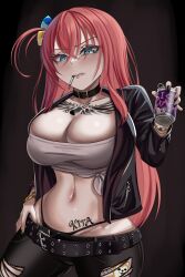 Rule 34 | 1girl, belt, black background, black belt, black choker, black jacket, black nails, black pants, blue eyes, bocchi the rock!, breasts, can, chest tattoo, choker, cigarette, cleavage, clenched teeth, commentary, cowboy shot, curvy, drink can, goth fashion, gotoh hitori, hair between eyes, highres, holding, holding can, jacket, large breasts, leather, leather pants, leg tattoo, leggings, long hair, looking at viewer, midriff, mouth hold, nail polish, navel, oeffe (oeffe blank), one side up, open clothes, open jacket, pants, pink hair, simple background, soda can, solo, standing, stomach, strapless, tattoo, teeth, thong, tube top, very long hair