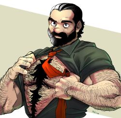 Rule 34 | 1boy, alternate costume, alternate hair length, alternate hairstyle, bara, bare pectorals, beard, beard stubble, big nose, dungeon meshi, dwarf, facial hair, full beard, hair slicked back, hairy, hand hair, highres, knuckle hair, large pectorals, long beard, male focus, mature male, midoo (scarecrow-forest), muscular, muscular male, necktie, necktie grab, neckwear grab, opened by self, pectorals, red necktie, senshi (dungeon meshi), solo, stubble, superman exposure, thick arm hair, thick beard, thick chest hair, thick eyebrows, thick mustache, thick navel hair, upper body, very hairy, wrinkled skin