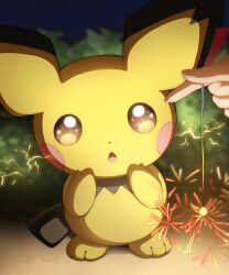 Rule 34 | 1other, creatures (company), electricity, fireworks, game freak, gen 2 pokemon, highres, holding fireworks, looking at viewer, monaka (hc pkmn), night, nintendo, open mouth, out of character, pichu, pokemon, pokemon (creature), solo focus, sparkler