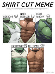 Rule 34 | 5boys, abs, absurdres, bara, bare pectorals, beard, bursting pectorals, clothes lift, colored skin, covered erect nipples, dark skin, facial hair, fangs, green skin, head out of frame, highres, large areolae, large pectorals, maldu (chokeylover), male focus, mature male, meme, monster boy, multiple boys, multiple drawing challenge, muscular, muscular male, nipples, orc, original, pectoral cleavage, pectoral focus, pectorals, puffy chest, shiny skin, shirt, shirt cut meme, shirt lift, sidepec, sweat, tank top, torn clothes, torn shirt, white tank top