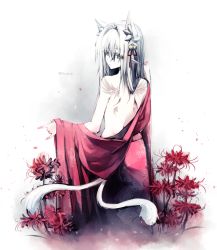 Rule 34 | 1boy, androgynous, animal ears, back, bare shoulders, bell, bow, cat ears, cat tail, colored eyelashes, extra ears, floral print, flower, from behind, green eyes, hair ornament, hair over eyes, hair ribbon, japanese clothes, kimono, long hair, looking back, male focus, multiple tails, nekomata, numikko, original, ribbon, solo, spider lily, tail, tattoo, twitter username, two tails, colored eyelashes, white hair, wings