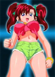 Rule 34 | 1girl, :d, bakusou kyoudai let&#039;s &amp; go!!, bakusou kyoudai let&#039;s &amp; go!! max, bakusou kyoudai let&rsquo;s &amp; go max, blue eyes, bracelet, breasts, clenched hands, crop top, cutoffs, denim, denim shorts, covered erect nipples, from below, genka ichien, hair ribbon, impossible clothes, impossible shirt, jewelry, large breasts, midriff, navel, necklace, oogami marina, open mouth, red hair, ribbon, shirt, short shorts, short twintails, shorts, smile, solo, standing, thighs, torn clothes, twintails, wristband
