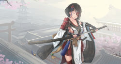 Rule 34 | 1girl, architecture, black hair, breasts, building, cherry blossoms, cleavage, collarbone, detached sleeves, east asian architecture, closed eyes, hair ornament, half mask, highres, hip vent, japanese clothes, kikivi, mask, original, short hair, sideboob, solo, sword, torii, weapon, wrist guards