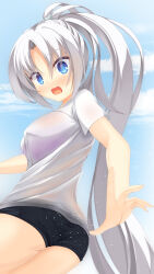 Rule 34 | 1girl, absurdres, ass, black shorts, blue eyes, blue sky, blush, bra, bra visible through clothes, breasts, commentary request, day, embarrassed, eyes visible through hair, from behind, grey hair, highres, large breasts, long hair, looking at viewer, looking back, micro shorts, nose blush, open mouth, outdoors, parted bangs, pink bra, ponytail, reiji tsukimi, see-through, see-through shirt, senren banka, shirt, short sleeves, shorts, sky, solo, sweat, tomotake yoshino, twisted torso, underwear, very long hair, wavy mouth, wet, wet clothes, wet shirt, white shirt, wide-eyed