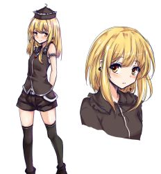 Rule 34 | 1girl, adapted costume, alternate hair length, alternate hairstyle, amagi (amagi626), arm garter, arms behind back, bare arms, bare shoulders, black footwear, black hat, black jacket, black shirt, black shorts, black thighhighs, blush, boots, breasts, closed mouth, commentary request, crescent, cropped torso, earrings, feet out of frame, frilled shirt collar, frills, hat, highres, jacket, jewelry, long hair, looking at viewer, lunasa prismriver, multiple views, no headwear, shirt, short shorts, shorts, simple background, sleeveless, sleeveless shirt, small breasts, smile, standing, thighhighs, thighs, touhou, upper body, white background
