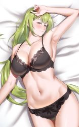 Rule 34 | 1girl, armpits, black bra, black panties, blush, bra, breasts, cleavage, closed mouth, collarbone, female focus, girls&#039; frontline, green hair, hair ornament, hairclip, hand on own head, heart, heart-shaped pupils, highres, ichinose (ichinose1592), long hair, looking at viewer, lying, medium breasts, mk48 (girls&#039; frontline), nail polish, navel, on back, on bed, panties, red eyes, red nails, smile, solo, symbol-shaped pupils, underwear