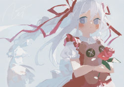 Rule 34 | 1girl, blue eyes, blush, braid, buttons, commentary request, dress, grey background, hair ribbon, highres, holding, holding stuffed toy, long hair, looking at viewer, no pupils, hugging object, original, parted lips, pinafore dress, potg (piotegu), puffy short sleeves, puffy sleeves, red dress, red ribbon, ribbon, short sleeves, signature, simple background, sleeveless dress, solo, stuffed animal, stuffed toy, teddy bear, upper body, very long hair, white hair