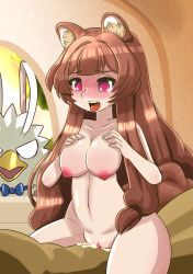 Rule 34 | 1girl, absurdres, animal ears, biting, blush, breasts, brown hair, gokubuttonzee, highres, looking at another, lying, medium breasts, navel, nipples, nude, on back, pussy, raccoon ears, raccoon tail, raphtalia, sex, spread legs, stomach, tail, tate no yuusha no nariagari, uncensored