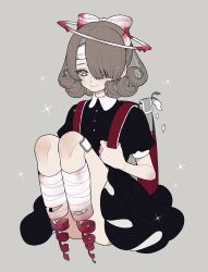 Rule 34 | 1girl, ao (ao0 0nemu), backpack, bad id, bad twitter id, bag, bandaged head, bandaged leg, bandages, black dress, blood, bow, brown hair, closed mouth, collared dress, commentary request, dress, flower, full body, grey background, grey eyes, hair bow, hair over one eye, halo, highres, holding strap, knees up, no feet, original, petals, red bag, short hair, short sleeves, simple background, sitting, solo, white bow, white flower, white halo