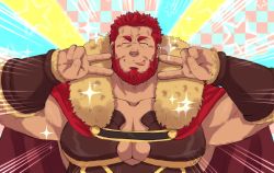 Rule 34 | 1boy, armor, bara, beard, breastplate, cape, double v, emotional engine - full drive, facial hair, fate/grand order, fate/zero, fate (series), hands up, iskandar (fate), large pectorals, leather, long sleeves, male focus, muscular, open mouth, parody, pectorals, red hair, shigetashigezo, simple background, smile, solo, sparkle, star (symbol), v