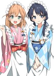 Rule 34 | 2girls, blue eyes, blue hair, blue kimono, closed mouth, commentary request, djpwjd1, floral print, highres, hinoshita kaho, japanese clothes, kimono, link! like! love live!, long hair, long sleeves, looking at viewer, love live!, maid headdress, medium hair, multiple girls, murano sayaka, obi, open mouth, orange hair, pink kimono, sash, smile, twintails, upper body, virtual youtuber, white background, wide sleeves