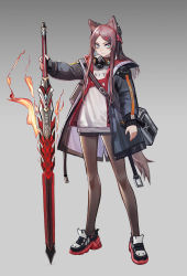 Rule 34 | 1girl, absurdres, animal ears, arknights, black jacket, blue eyes, brown hair, clothes writing, cross, cross hair ornament, fingernails, fire, flaming sword, flaming weapon, gloves, gradient background, grey gloves, hair ornament, highres, holding, holding sword, holding weapon, jacket, long hair, mask, mek, mouth mask, nail polish, open clothes, open jacket, original, pantyhose, red nails, single glove, solo, standing, sword, tail, weapon