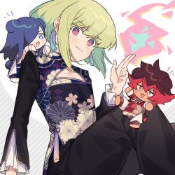 Rule 34 | 3boys, blue hair, chibi, chinese clothes, cleavage cutout, clothing cutout, earrings, fire, frilled sleeves, frills, green hair, gueira, hair over one eye, highres, jewelry, karokuchitose, lio fotia, long sleeves, mad burnish, male focus, meis (promare), multiple boys, pants, promare, purple eyes, pyrokinesis, red hair, sitting, smile