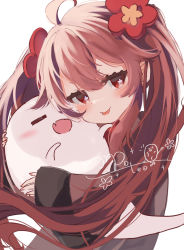 Rule 34 | 1girl, :p, ahoge, blush, boo tao (genshin impact), brown hair, cuddling, eyelashes, fang, flower, flower-shaped pupils, genshin impact, ghost, hair flower, hair ornament, highres, holding, hu tao (genshin impact), long hair, long sleeves, looking at viewer, plum blossoms, poteo, red eyes, sidelocks, simple background, skin fang, sleeves past wrists, smile, solo, symbol-shaped pupils, tongue, tongue out, twintails, upper body, white background