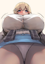 Rule 34 | 1girl, ammunition pouch, belt buckle, belt pouch, blonde hair, blue eyes, blue skirt, blush, breasts, buckle, bursting breasts, button gap, chung cthemax, covered erect nipples, from below, girls&#039; frontline, hair between eyes, hair ornament, harness, highres, huge breasts, jacket, large breasts, load bearing vest, looking at viewer, looking down, ammunition pouch, miniskirt, mole, mole under eye, no bra, open clothes, open jacket, panties, panties under pantyhose, pantyhose, pantyshot, pencil skirt, pouch, short hair, sketch, skirt, snowflake hair ornament, solo, underwear, vsk-94 (girls&#039; frontline), white panties