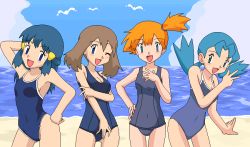 Rule 34 | 4girls, bad id, bad pixiv id, beach, blue hair, blue one-piece swimsuit, blush, brown hair, competition school swimsuit, creatures (company), dawn (pokemon), day, game freak, hair between eyes, half updo, hand on own hip, kuro hopper, marina (pokemon), may (pokemon), misty (pokemon), multiple girls, nintendo, oekaki, one-piece swimsuit, orange hair, parted bangs, pixel art, pokemon, pokemon (anime), pokemon (classic anime), school swimsuit, side ponytail, smile, swimsuit, v
