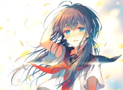 Rule 34 | 1girl, aqua eyes, arm up, black hair, blush, crying, crying with eyes open, feathers, hand in own hair, light smile, long hair, low twintails, neckerchief, original, parted lips, red neckerchief, reia, school uniform, serafuku, solo, tears, twintails, upper body