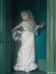 Rule 34 | 1girl, absurdres, commentary request, cropped, door, dress, elf, frieren, full body, green theme, highres, indoors, long dress, off shoulder, open door, pointy ears, shawl, solo, sousou no frieren, standing, twintails, weibo logo, weibo watermark, white dress, white hair, yao liao wang