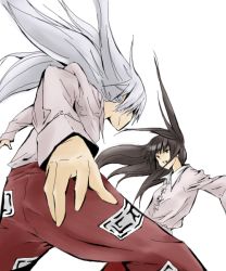 Rule 34 | 2girls, :d, black hair, brown eyes, confrontation, female focus, floating hair, from behind, from below, fujiwara no mokou, grey hair, houraisan kaguya, kajiki, long hair, long sleeves, looking at another, multiple girls, oekaki, ofuda, open mouth, outstretched arms, pants, red pants, shirt, simple background, smile, touhou, white background
