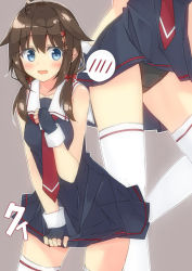 Rule 34 | 1girl, adapted costume, beritabo, black dress, black panties, blue eyes, brown hair, dress, fingerless gloves, gloves, hair flaps, hair ornament, kantai collection, low twintails, one piece, panties, red neckwear, remodel (kantai collection), ribbon, shigure (kancolle), sleeveless, sleeveless dress, solo, spoken blush, thighhighs, twintails, underwear, white thighhighs