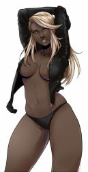 Rule 34 | 1girl, arms up, black panties, black shirt, blonde hair, blue eyes, breasts, contrapposto, cowboy shot, dark skin, dark-skinned female, covered erect nipples, kathleen lim, large breasts, lips, long hair, navel, no bra, open clothes, open shirt, original, panties, shirt, skindentation, solo, standing, thick thighs, thighs, underwear, white background
