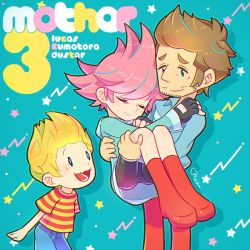 Rule 34 | 1girl, 2boys, artist name, belt, bike shorts, blonde hair, blue eyes, boots, brown hair, carrying, duster (mother), closed eyes, facial hair, fingerless gloves, gloves, hand on another&#039;s shoulder, hood, hoodie, kumatora, lucas (mother 3), messy hair, mother (game), mother 3, multiple boys, mysticotoe, nintendo, pants, pink eyes, pink hair, princess carry, quiff, short hair, shorts, star (symbol), striped, wavy mouth