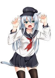Rule 34 | 10s, 1girl, absurdres, anchor symbol, animal ears, black skirt, black thighhighs, blue eyes, cat ears, cat tail, fang, flat cap, hat, hibiki (kancolle), highres, kantai collection, kemonomimi mode, long hair, long sleeves, neckerchief, open mouth, pleated skirt, rivu penguin, school uniform, serafuku, silver hair, simple background, skirt, solo, tail, thighhighs, white background