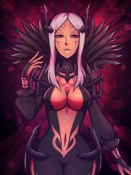 Rule 34 | aversa (fire emblem), breasts, cleavage, dark skin, feathers, female focus, fire emblem, fire emblem awakening, lipstick, long hair, looking at viewer, makeup, navel, nintendo, phiphiauthon, red eyes, tagme, tattoo, white hair, wide hips