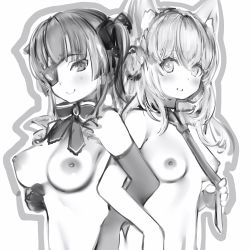 Rule 34 | 2girls, bad id, bad pixiv id, blush, braid, breasts, closed mouth, crown braid, elbow gloves, eyepatch, gloves, greyscale, hakui koyori, highres, hololive, houshou marine, large breasts, locked arms, long hair, looking at viewer, medium breasts, monochrome, multiple girls, nanashi (nlo), necktie, nipples, one eye closed, one eye covered, simple background, smile, twintails, virtual youtuber, white background