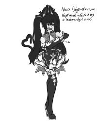 Rule 34 | 1girl, @ @, absurdres, animal ears, bare shoulders, black--wave, breasts, cat ears, cat girl, cat tail, cleavage, dress, fangs, fangs out, frilled dress, frills, greyscale, hair ornament, hair ribbon, hand gesture, heart, heart tail, highres, long hair, medium breasts, monochrome, neptune (series), noire (neptunia), ribbon, sketch, solo, tail, thighhighs, thighs, twintails, very long hair, whiskers, yuri, zettai ryouiki