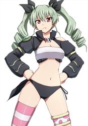 1girl anchovy_(girls_und_panzer) bikini bikini_bottom_only black_bikini black_ribbon black_shirt closed_mouth clothing_cutout commentary cosplay cropped_shirt curvy drill_hair fang frown girls_und_panzer green_hair hair_ribbon hands_on_own_hips highres jewelry long_hair long_sleeves looking_at_viewer magatama magatama_necklace milim_nava milim_nava_(cosplay) navel necklace omachi_(slabco) pink_thighhighs red_eyes revealing_clothes ribbon shirt shoulder_cutout side-tie_bikini_bottom simple_background single_thighhigh solo standing striped_clothes striped_thighhighs swimsuit tensei_shitara_slime_datta_ken thighhighs thighlet twin_drills twintails white_background wide_hips