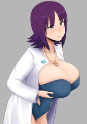 Rule 34 | 1girl, blue one-piece swimsuit, breast hold, breast lift, breasts, collarbone, creatures (company), game freak, grey background, half-closed eyes, highleg, highleg swimsuit, highres, huge breasts, jewelry, lab coat, long sleeves, naozuri, necklace, nintendo, one-piece swimsuit, philena ivy, pokemon, pokemon (anime), pokemon (classic anime), purple eyes, purple hair, ring, ring necklace, short hair, strapless, strapless one-piece swimsuit, swimsuit