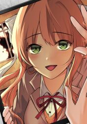 1girl absurdres blazer blush bow brown_hair brown_jacket collared_shirt doki_doki_literature_club eyelashes green_eyes hair_bow hair_ribbon highres jacket long_hair looking_at_viewer mikumo_george monika_(doki_doki_literature_club) neck_ribbon open_mouth orange_vest out_of_frame ponytail pov pov_hands reaching reaching_towards_viewer red_ribbon ribbon school_uniform shirt sidelocks smile solo upper_body vest white_ribbon