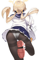 Rule 34 | 1girl, absurdres, ass, black bow, black pantyhose, blonde hair, blue archive, blue sailor collar, blue skirt, bow, carrying bag, clothes lift, commentary request, facing away, from behind, hair bow, halo, hifumi (blue archive), highres, miniskirt, multicolored bow, panties, panties under pantyhose, pantyhose, sailor collar, school uniform, serafuku, shoes, skirt, skirt lift, solo, standing, standing on one leg, sweater, tomid, twintails, underwear, white bag, white footwear, white panties, white sweater, yellow bow