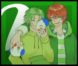 Rule 34 | 2boys, arm around neck, arm around shoulder, black border, border, brown hair, clown mask, colorful peach, copyright request, drawstring, green background, green eyes, green hair, green hoodie, green jacket, hair between eyes, holding, holding mask, hood, hood down, hooded jacket, hoodie, jacket, japapa (youtube), long sleeves, male focus, maru (memoriatechnica), mask, multiple boys, open clothes, open jacket, puffy long sleeves, puffy sleeves, shirt, sleeves past wrists, striped clothes, striped shirt, unworn mask, upper body