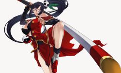 Rule 34 | 1girl, arc system works, black hair, blazblue, breasts, china dress, chinese clothes, cleavage, dress, gauss &lt;bokashi, glasses, high ponytail, highres, large breasts, litchi faye ling, long hair, open clothes, purple eyes, staff, standing, standing on one leg, yin yang