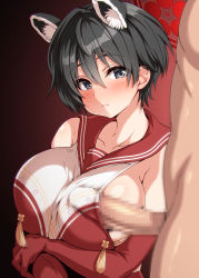 Rule 34 | 1girl, animal ears, black eyes, black hair, blue archive, blush, breasts, censored, closed mouth, clothed female nude male, crossed arms, elbow gloves, embarrassed, gloves, gradient background, hair between eyes, highres, large breasts, looking at viewer, matching hair/eyes, mosaic censoring, nude, penis, penis under another&#039;s clothes, red background, short hair, side slit, simple background, standing, tsubaki (blue archive), upper body