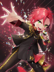 Rule 34 | 1boy, :d, black jacket, black pants, black shirt, commentary request, cowboy shot, epaulettes, fang, gold trim, green eyes, hand up, holding, holding microphone, idol, idol clothes, idol time pripara, jacket, jewelry, legs apart, long sleeves, looking at viewer, male focus, microphone, mitaka asahi, necklace, open mouth, oshiri (o4ritarou), outstretched arm, pants, pretty series, pripara, red hair, shirt, short hair, smile, solo, sparkle, standing, v-shaped eyebrows