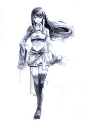 Rule 34 | highres, kamisakai, long hair, midriff, monochrome, navel, sandals, sketch, solo, sword, thighhighs, weapon
