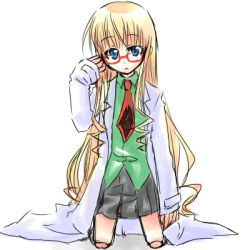 Rule 34 | 1girl, blonde hair, blue eyes, child, cosplay, doll joints, full body, glasses, joints, lab coat, long hair, lowres, pani poni dash!, rebecca miyamoto, rozen maiden, shinku, simple background, solo, very long hair
