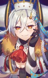 Rule 34 | 1girl, ascot, black gloves, blush, braid, breasts, cleavage, closed mouth, commentary request, fate/grand order, fate (series), fur collar, fur trim, gloves, grey hair, hair between eyes, hair ornament, head rest, highres, horns, jewelry, large breasts, long hair, looking at viewer, ohitashi netsurou, olga marie animusphere, red ascot, ring, single braid, single horn, smile, solo, u-olga marie, very long hair, yellow eyes, yellow horns