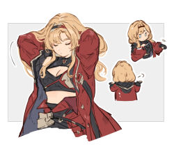 Rule 34 | blonde hair, cleavage cutout, clothing cutout, dressing, granblue fantasy, hairband, highres, jacket, long hair, multiple views, oversized jacket, red jacket, shimatani azu, two-sided fabric, two-sided jacket, two-tone gloves, two-tone hairband, zeta (granblue fantasy), zeta (grand) (granblue fantasy)