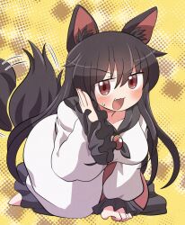 Rule 34 | 1girl, afterimage, animal ear fluff, animal ears, blush, brown hair, dress, fang, frilled sleeves, frills, hair between eyes, highres, imaizumi kagerou, long hair, long sleeves, open mouth, red dress, red eyes, rokugou daisuke, signature, solo, tail, tail wagging, touhou, white dress, wolf ears, wolf tail