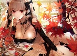 Rule 34 | 1girl, absurdres, autumn, autumn leaves, azur lane, bare shoulders, black nails, black ribbon, blunt bangs, branch, breasts, cleavage, closed mouth, commentary, cup, curtains, dress, formidable (azur lane), frilled dress, frills, gothic lolita, hair ribbon, hand on own chin, highres, hourglass, huge filesize, hutuu (1121), indoors, large breasts, lolita fashion, long hair, long sleeves, looking at viewer, lounging, nail polish, platinum blonde hair, red eyes, ribbon, saucer, sidelocks, sitting, solo, tea, tea set, teacup, thighs, twintails, window